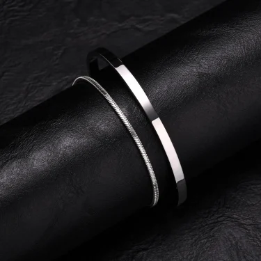 Vnox Mens Stainless Steel Bracelets Set, Stacked Open Cuff Bangles, Black Snake Link Chain Wristband Jewelry Gift 4
