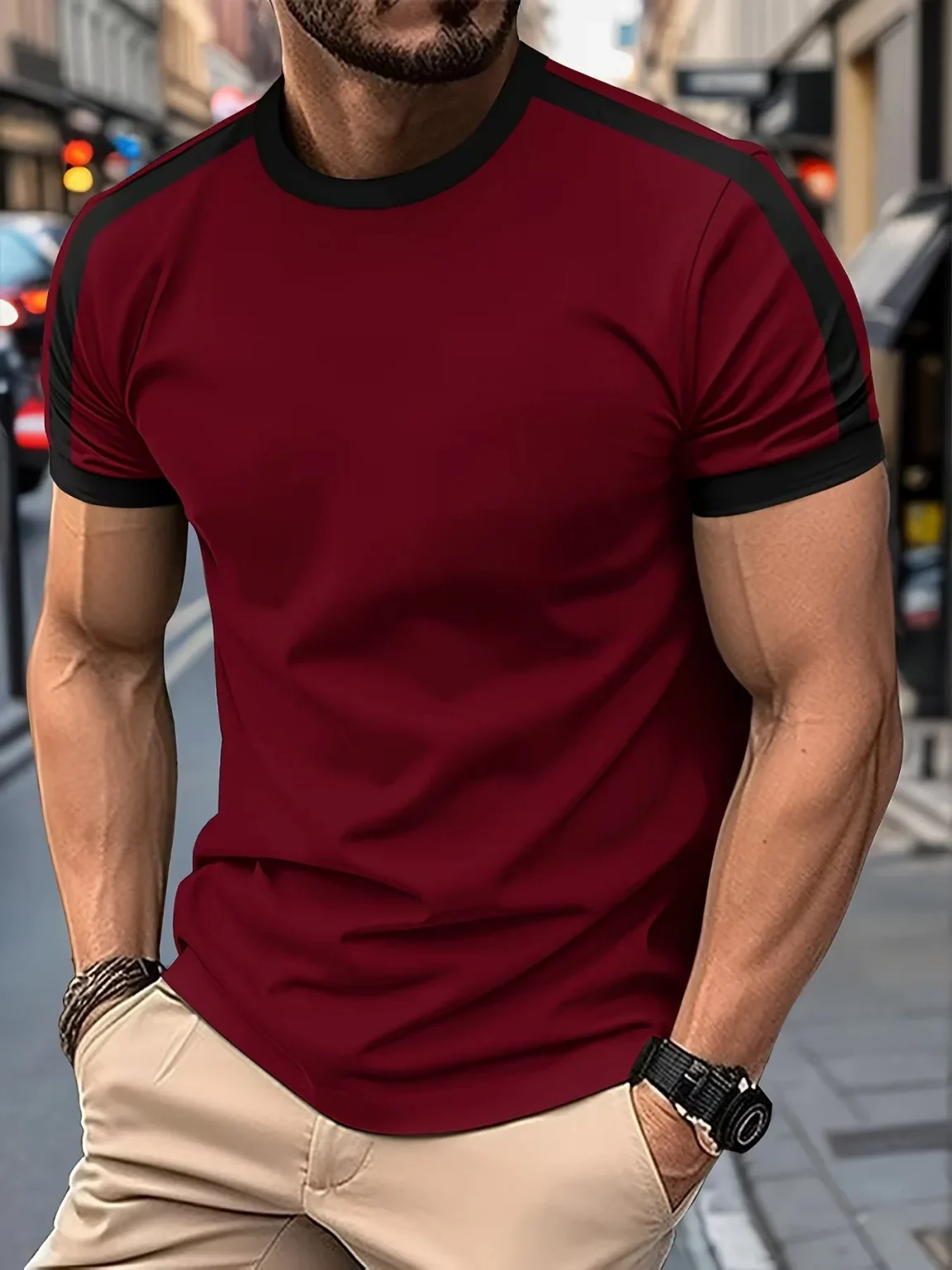 Men's Casual Short-Sleeved European and American Sports Fitness Contrasting Color Men's T-Shirt 5