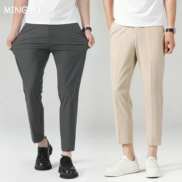 New Summer Thin Suit Pants Men Business Elastic Waist Formal Korean Social Slim Work Office Ankle Length Long Trousers Male 1