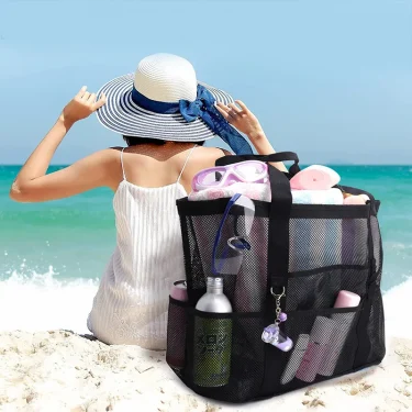 1PCS Large Capacity Mesh Beach Bag Sandproof Bag Oversized Foldable Lightweight Swimming Bag With Zipper For Vacation Beach 2
