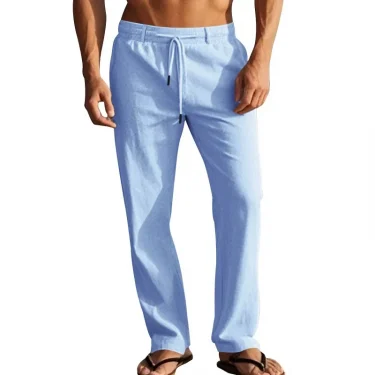 2024 drawstring men's simple fashion solid color casual cotton and linen straight trousers 2
