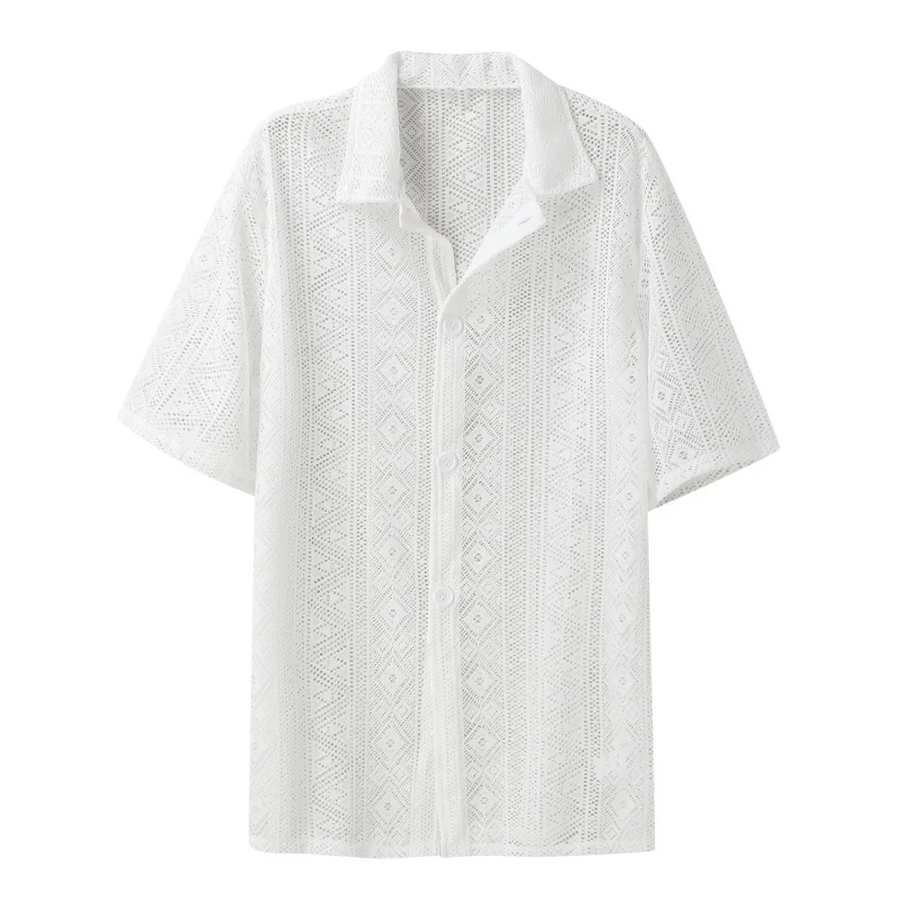 Summer Men's Clothing Mesh See Through Mesh Sexy Shirt Short Sleeve Fishnet Button-down Retro Chic Streetwear Party Blouse S-5XL 3