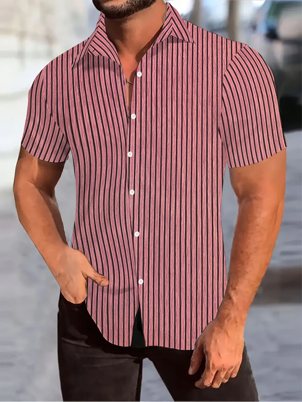 The new summer men's shirt is a fashionable business casual striped lapel, comfortable and breathable carry-on short-sleeved top 1