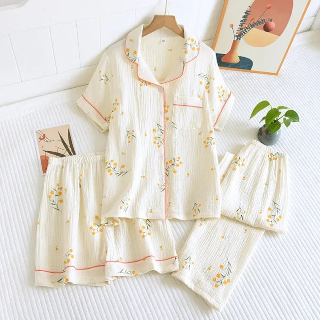 New summer women's cotton crepe three-piece short sleeve + shorts + trousers large size simple flower pajamas home service suit 2