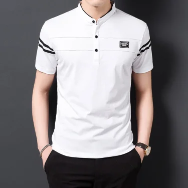 Men's Fashion Summer POLO T-shirt Casual Cotton Breathable Top Stand Up Neck Short Sleeve Korean Comfortable T-shirt 2