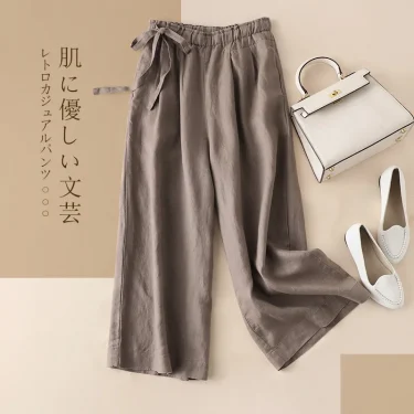 New Italy 100% Linen Pants Women Brand Trousers For Girls Casual Breathable Elastic Waist Wide Leg Plus Size M-3XL Pantalones 5
