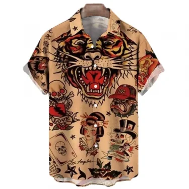 Japanese Men's Shirts Koi Print Hawaiian Buttons Beach Aloha Tops New 2024 5