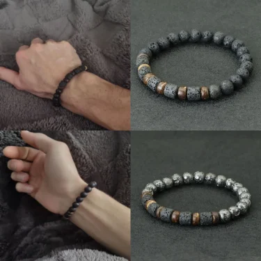 New Mens Wood Bracelet Natural Volcanic Rock Stone Braslet Handmade Prayer Meditation Yoga Braclet Pulsera Madera Hombre Joias 2