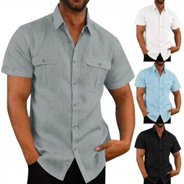 Cotton Linen Hot Sale Men Short-Sleeved Shirts Summer Solid Color Stand-Up Collar Casual Beach Style Plus SizeMale Shirts M-5XL 5