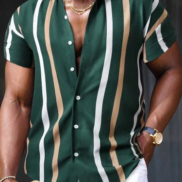 Men'S Striped Printed Shirt Simple And Fashionable Short Sleeved Button Neck Beachwear Commuting Style Men'S Casual Shirt Top 5
