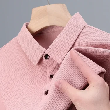 Men's Fashion Waffle Solid Long Sleeved Polo Shirt Summer Breathable Comfortable Top 6