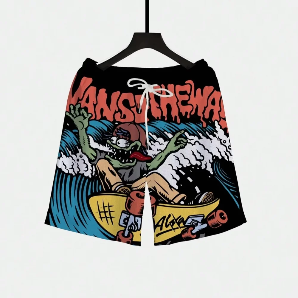 1pc Plus Size Men's Casual Sports Style Surfing Pattern Drawstring Waist Shorts with Pockets, Suitable Beach Vacation and Travel 4