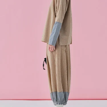 imakokoni 2025 spring niche series pure cotton color blocked plaid drawstring pants 244933 4