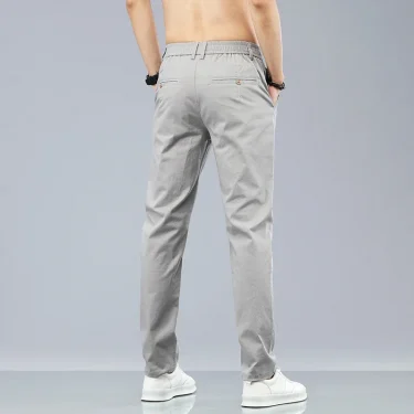 Spring Summer Cotton Men Casual Pants Elastic Waist Business Korean Fashion Straight Classic Solid Color Trousers Black Khaki 3