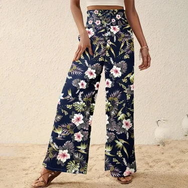 Boho Fashion Floral Printed Wide Leg Pants Women Casual Elastic High Waist Straight Trouser Beach Vocation Plus Size Loose Pants 4