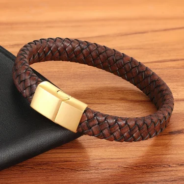 XQNI Fashion Jewelry Combination Brown Color Leather Stainless Steel Buckle Men Bracelet Hot Selling For Birthday Simple Gift 3