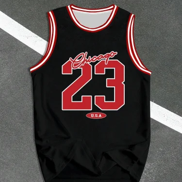 USA Chicago No.23 Printed Vest Top Men's Loose Speed Dry Black and White Sleeveless Running Playing and Exercise Tank Top Vest 4