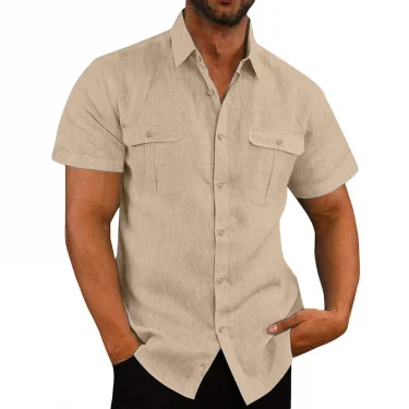 Cotton Linen Hot Sale Men Short-Sleeved Shirts Summer Solid Color Stand-Up Collar Casual Beach Style Plus SizeMale Shirts M-5XL 2