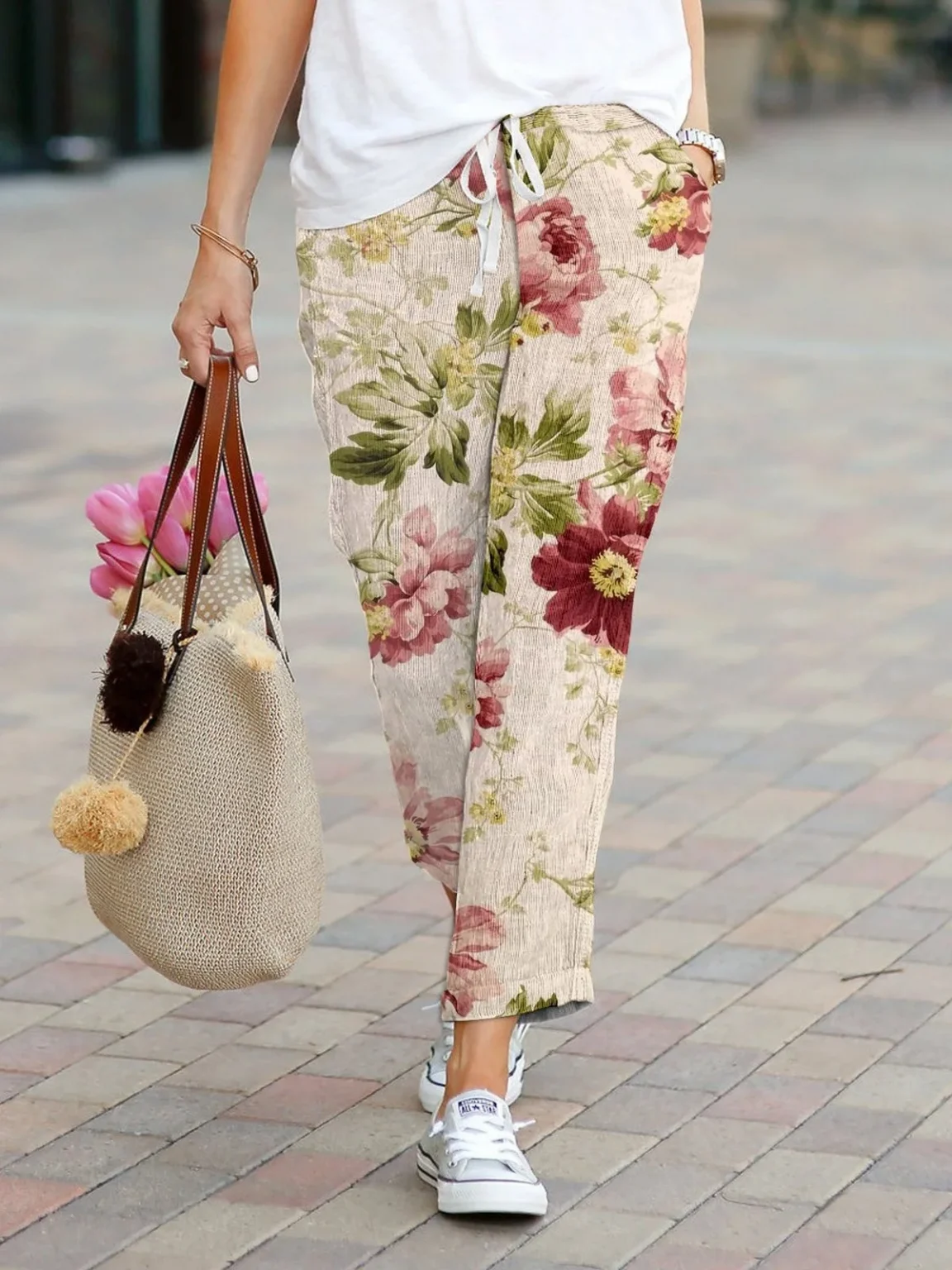 2025 Summer Women's New Drawstring Trousers Printed Elastic Waist Pants Boho Lace Trousers Set Women's Office Commuter Trousers 4