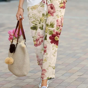 2025 Summer Women's New Drawstring Trousers Printed Elastic Waist Pants Boho Lace Trousers Set Women's Office Commuter Trousers 4