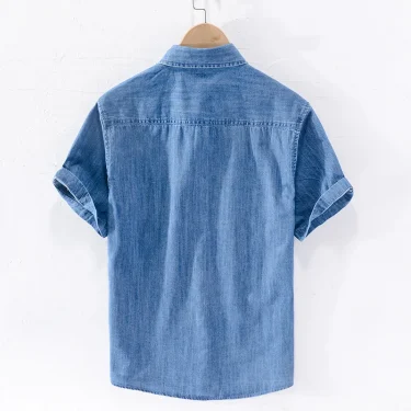 Men Denim Shirt , Thin Summer Half Sleeve Casual Top, Loose Trendy Handsome Short Sleeve ，Camping Denim Short Sleeve Jacket 2