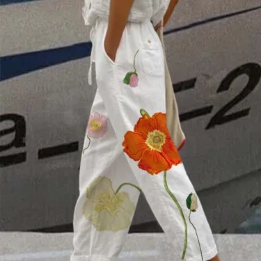 2025 Summer Women's New Drawstring Trousers Printed Elastic Waist Pants Boho Lace Trousers Set Women's Office Commuter Trousers 1