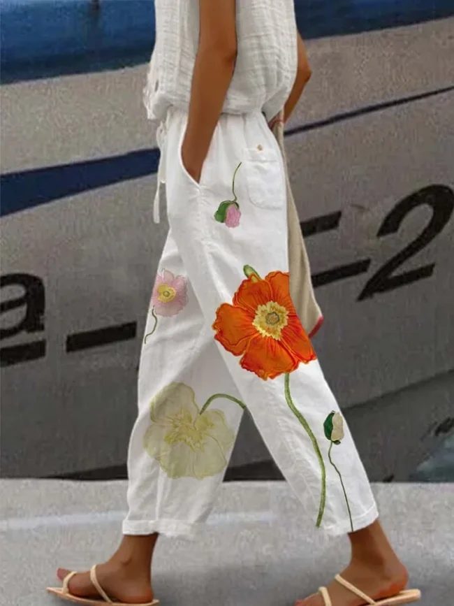 2025 Summer Women's New Drawstring Trousers Printed Elastic Waist Pants Boho Lace Trousers Set Women's Office Commuter Trousers 1