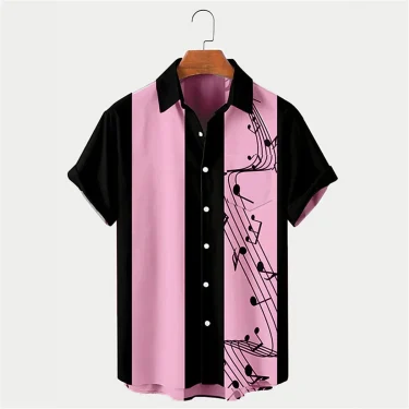 2024 New Men's Shirt Summer Bowling Shirt Note Pattern Printed Daily Short Sleeve Button Comfortable Casual Men's Clothing 1