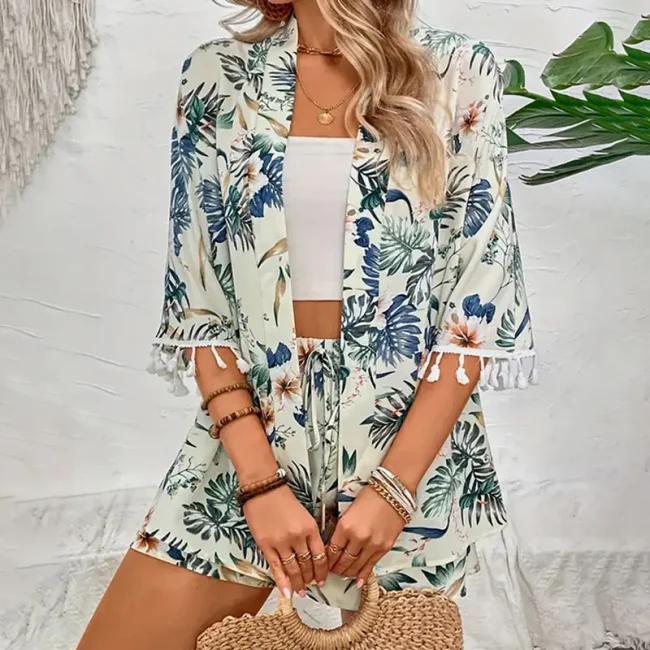 Two Piece Set For Women Outfits Open-front Cardigan Smock Flower Printed Beach Shorts Summer Suits Female Clothing Beachwear 6