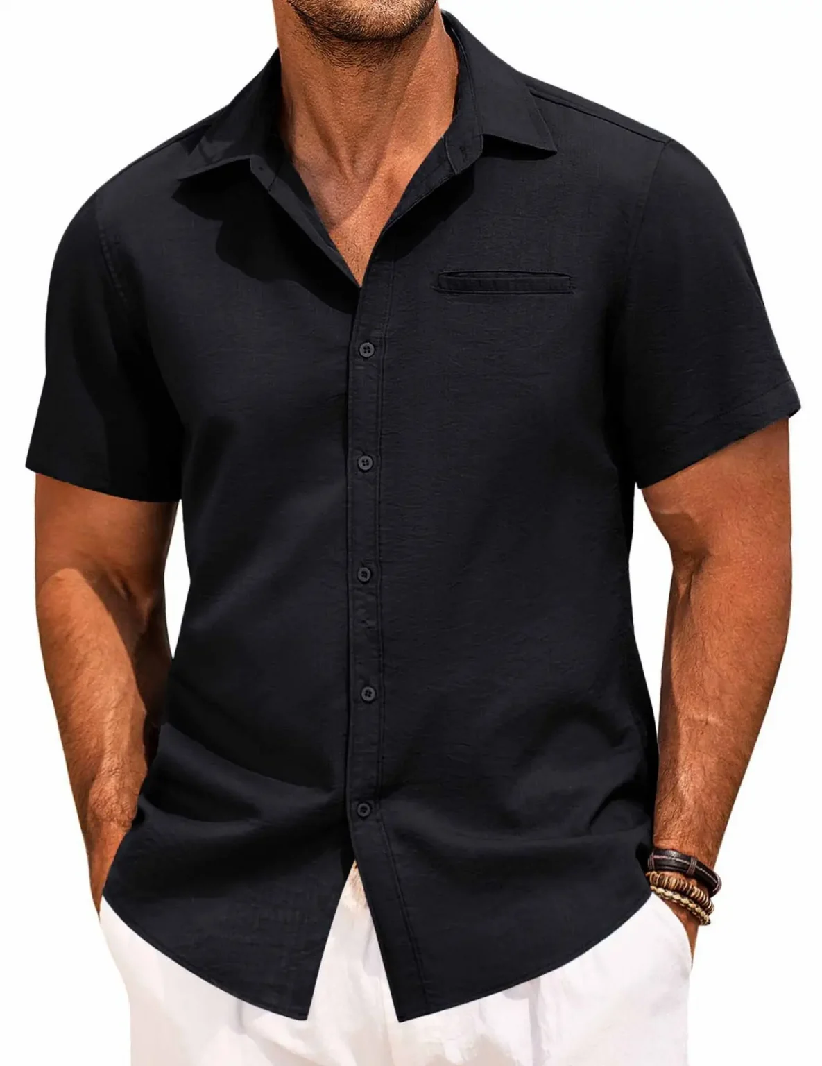 2025 New Men's Shirt Button Short-sleeved Lapel Office Casual Top Fashion Simple Invisible Pocket Blouses 5