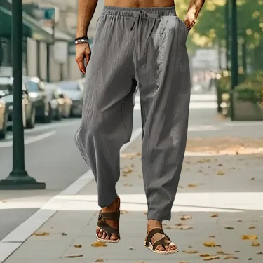 New Men Cotton Linen Pants Summer and Autumn Solid High Waist Wide-Leg Trousers Male Loose Hemp Casual Breathable Sports Pants 1
