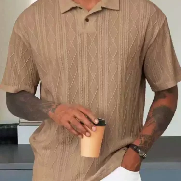2025 New style summer men's fashion textured line short-sleeved POLO shirt Casual lapel solid color jacquard top 3