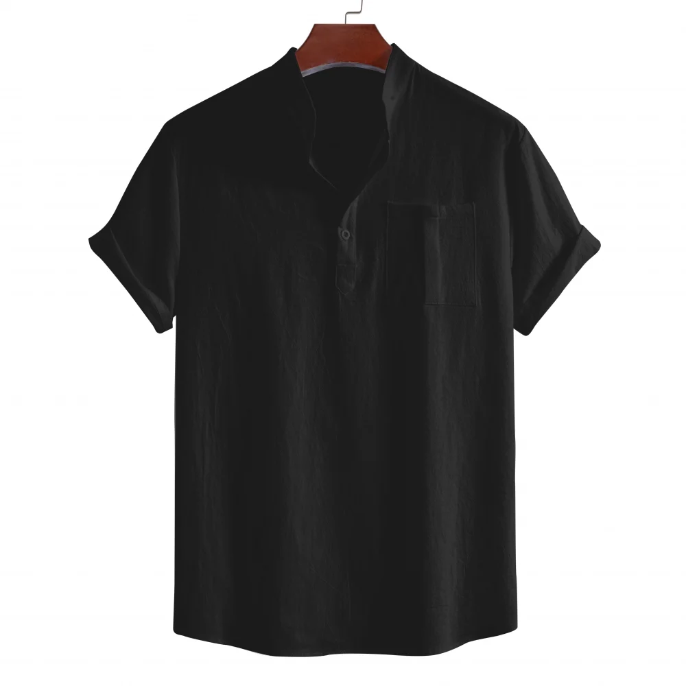 Men's summer pure cotton casual short-sleeved stand-up collar shirt, four-button solid color pullover for men 6