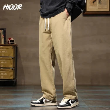 HIQOR Men Casual Pants Fashion Jogger Pant Loose Straight Wide Leg Trousers Cotton Vintage Cargo Pants Man Solid Streetwear Men 5