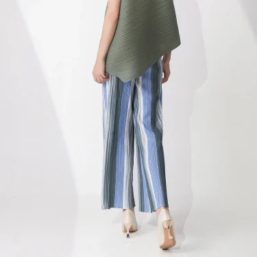 Summer Women's Straight Casual Pants 2025 New Striped Elastic Waist Wide Leg Pants Miyake Pleated Trousers 3