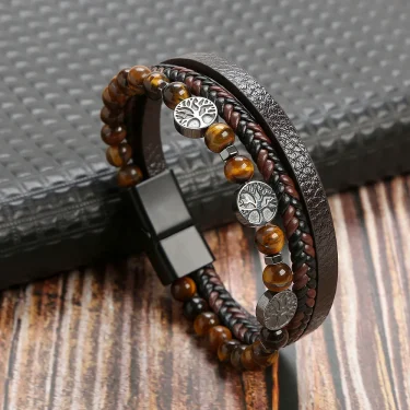 Hot Fashion Beads Leather Bracelet Men Classic Tiger Eye Beaded Multi Layer Leather Bracelet For Men Jewelry 2023 Gift 4
