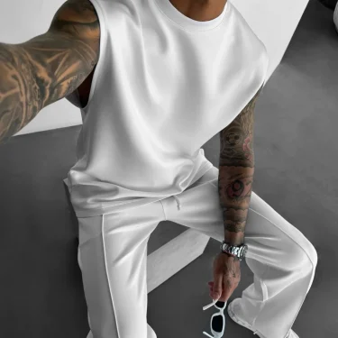 New summer sleeveless sports suit 2025 men's casual solid color trousers men's clothing vest two-piece set, 1