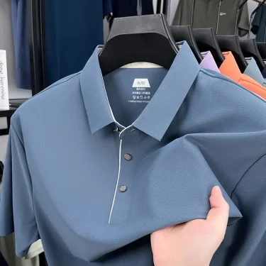 Light Luxury Fashion Silk Breathable Short Sleeved T-shirt Men's Lapel Top 2025 Summer New Korean Casual Seamless Polo Shirt 2