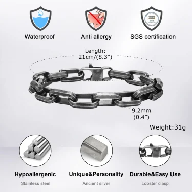 Vnox Punk Heavy Rectangular Link Chain Bracelets for Men Teens Boys, Vintage Oxidized Paperclip Chain Wristband, Chunky Jewelry 3