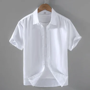 Cotton Linen Hot Sale Men's Short-Sleeved Shirts Summer Streetwear Plain Color Stand Collar Casual Beach Style Plus Size M-3XL 1