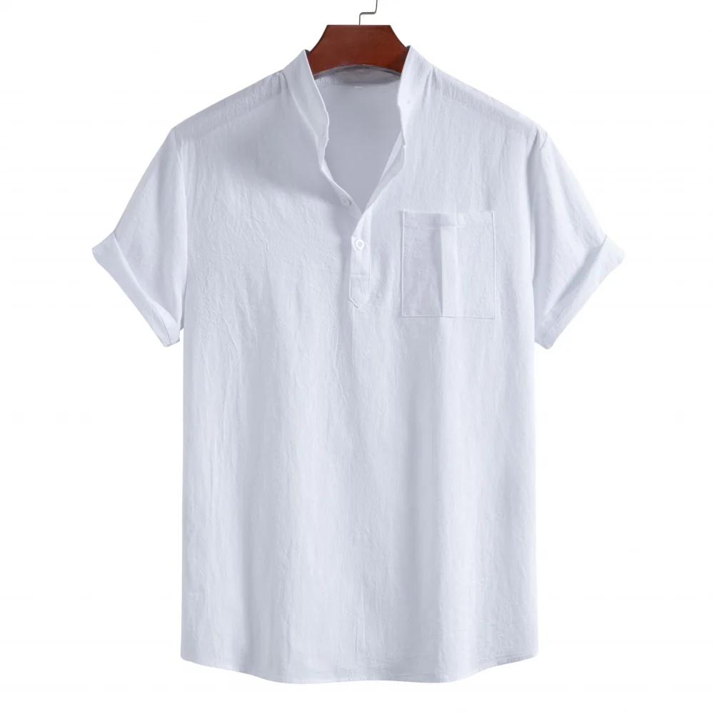 Men's summer pure cotton casual short-sleeved stand-up collar shirt, four-button solid color pullover for men 1