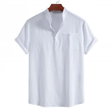 Men's summer pure cotton casual short-sleeved stand-up collar shirt, four-button solid color pullover for men 1