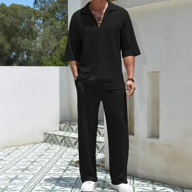 2025 spring and summer new hot selling men's casual silky fabric shirt solid color half sleeve trousers two-piece set 6