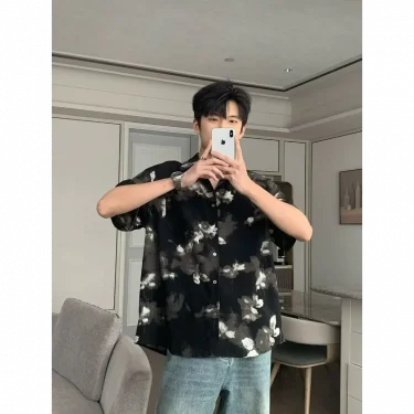 Retro Tie-dye Flower Shirt Short Sleeve Men High-end Sense Handsome Fashion Trend Korean Version Loose Draped Ice Silk Shirt 2