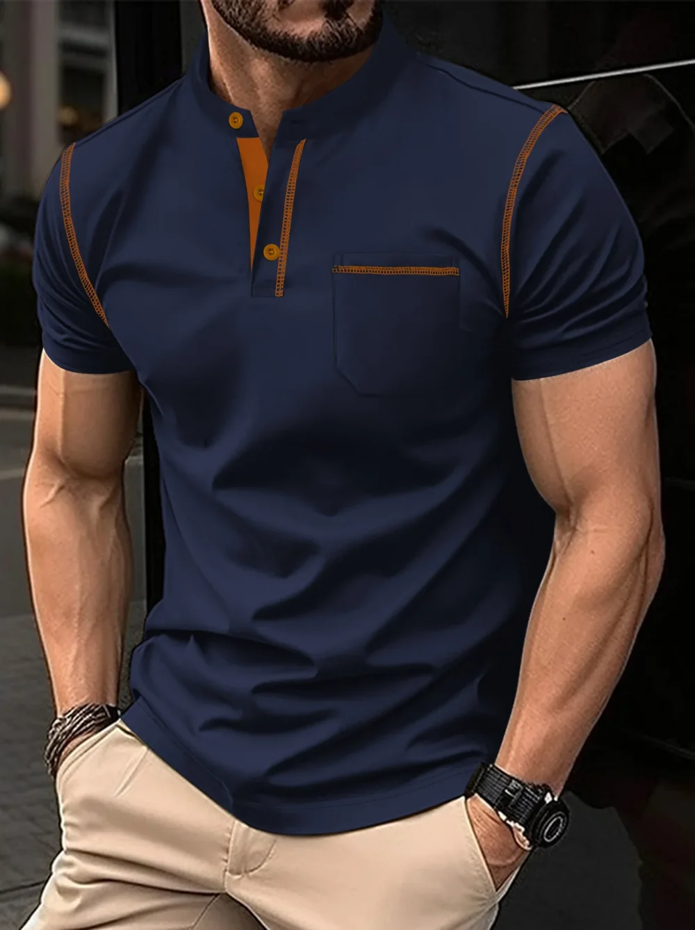 Summer New Men Henry collar short sleeve golf POLO shirt personality pocket style casual breathable sports street fashion top 4
