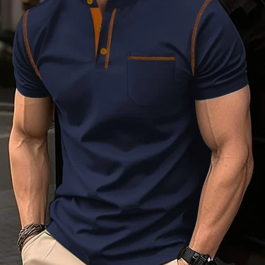 Summer New Men Henry collar short sleeve golf POLO shirt personality pocket style casual breathable sports street fashion top 4