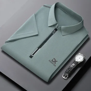 New Men's Business Casual Zipper Short Sleeve Solid Color Polo Shirt Fashionable Warm Comfortable Four Seasons Versatile Top 5