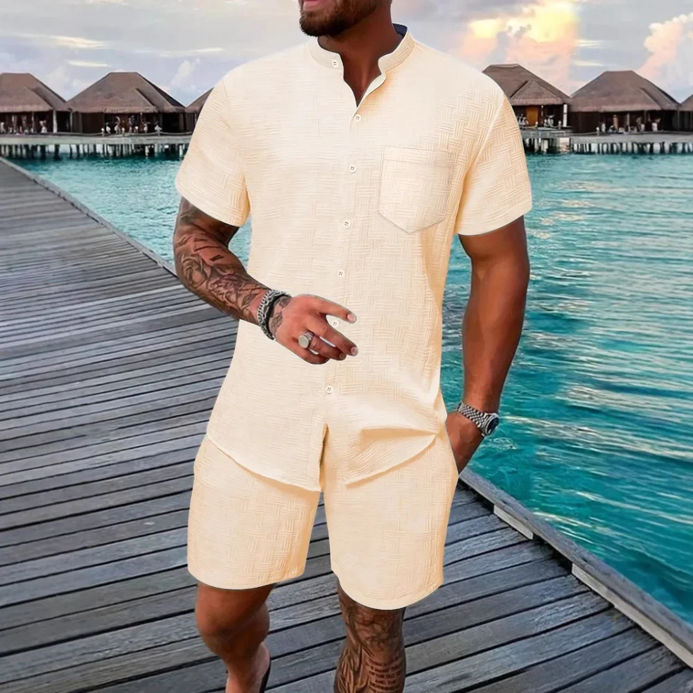 Fashion casual shirt short sleeve shorts suit men's stand collar shirt can cardigan outdoor beach two-piece set 3
