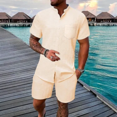 Fashion casual shirt short sleeve shorts suit men's stand collar shirt can cardigan outdoor beach two-piece set 3