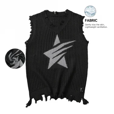 Men's Knitted Vest Summer Fashion Star Pattern Mesh Vest Casual Sleeveless Breathable Woolen Knit Ves Soft Top Men US Size 5